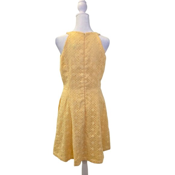 White House Black Market Yellow Geometric Lace Overlay Fit & Flare Dress Size 6 - Picture 2 of 7